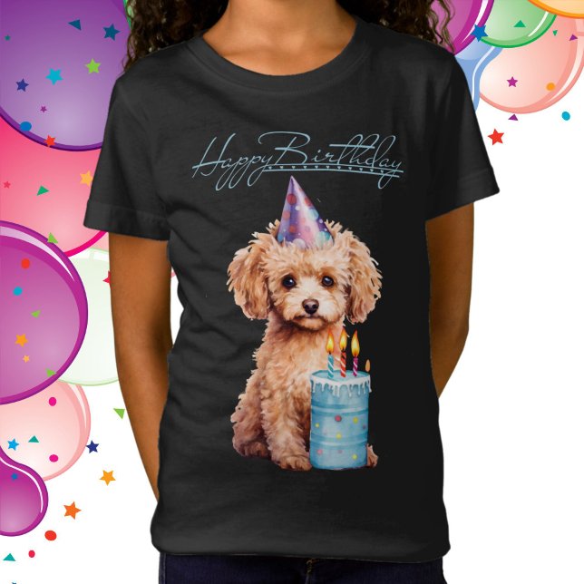 Happy Birthday Poodle with Party Hat & Bday Cake  T-Shirt (Poodle Puppy Birthday Tee)