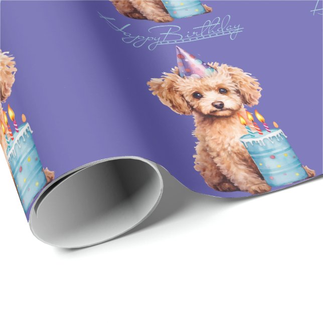 Happy Birthday Poodle with Party Hat & Bday Cake  Wrapping Paper (Roll Corner)