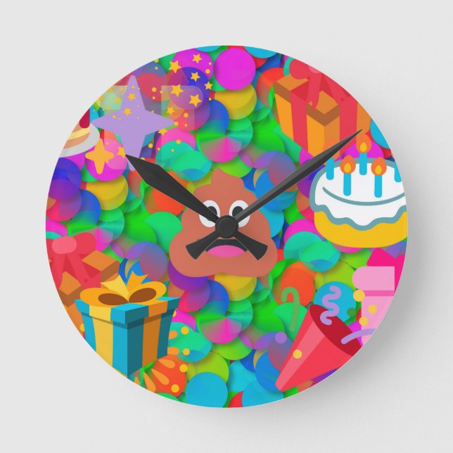 happy birthday poop emoji round clock (Front)