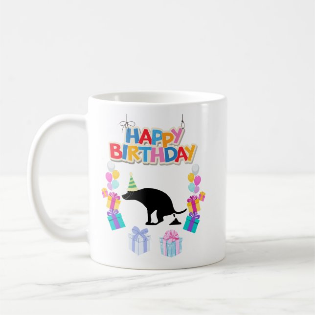 Happy Birthday Pooping Dog Coffee Mug (Left)