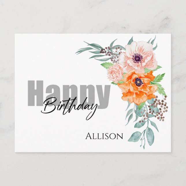 Happy Birthday Poppy Flowers Watercolor  Postcard (Front)