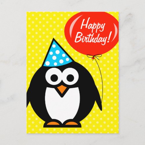 Happy Birthday postcard  cute penguin and balloon