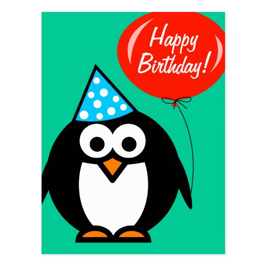 Happy Birthday postcard | penguin with red balloon | Zazzle.com