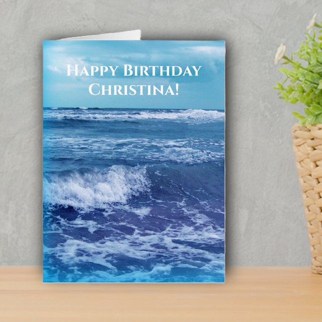 Happy Birthday Pretty Blue Ocean waves Sky Card (Pretty blue Atlantic ocean photo with waves sky oversized birthday card.)