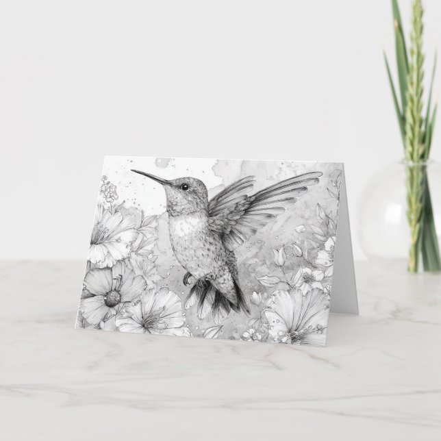 Happy Birthday Pretty Hummingbird Floral Holiday Card (Front)