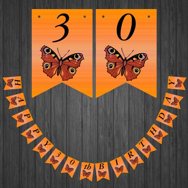 Happy Birthday Pretty Monarch Butterfly Orange Bunting Flags (Monarch butterflies on shades of orange Happy Birthday bunting flag party banner.)