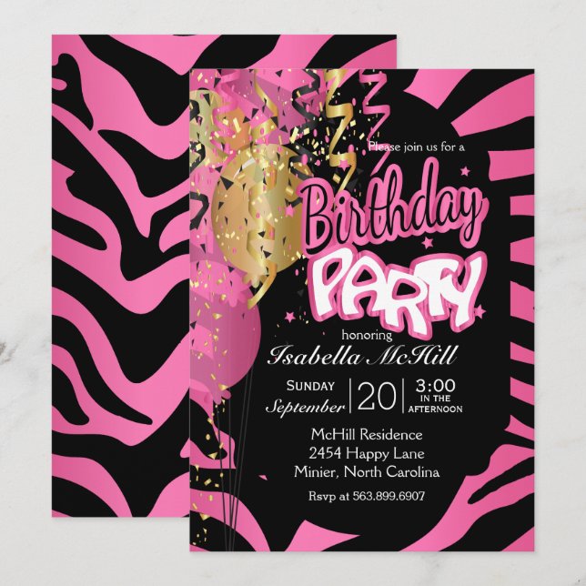 Happy BIrthday - Pretty Pink & Black Zebra Stripes Invitation (Front/Back)