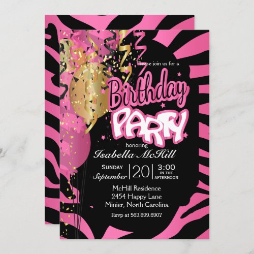 Happy BIrthday _ Pretty Pink  Black Zebra Stripes Invitation