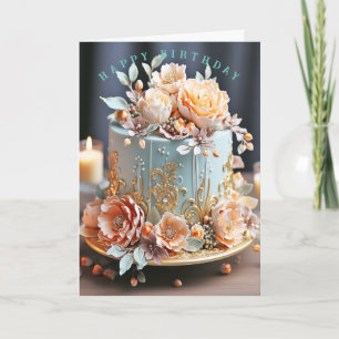 Happy Birthday Pretty Pink Flowers on Blue Cake  Card