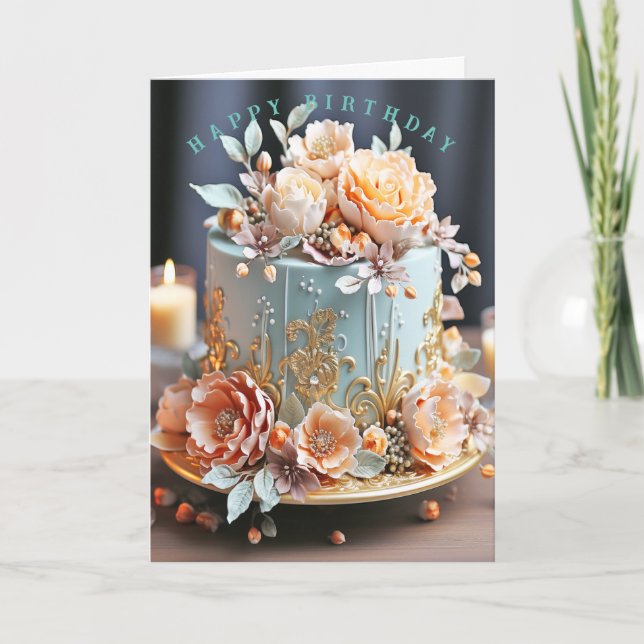 Happy Birthday Pretty Pink Flowers on Blue Cake  Card (Front)