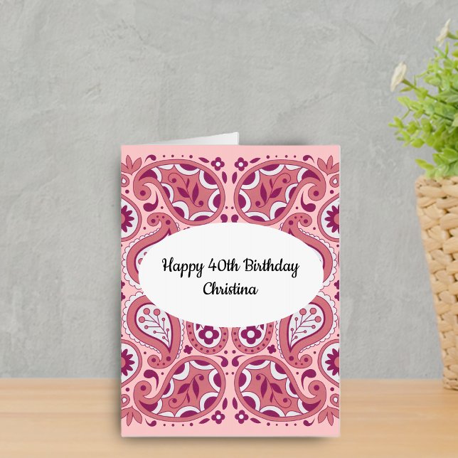 Happy Birthday Pretty Pink Paisley Flowers Card (Pretty pink paisley abstract design with tear drops daisy flowers on Happy Birthday oversized card.)