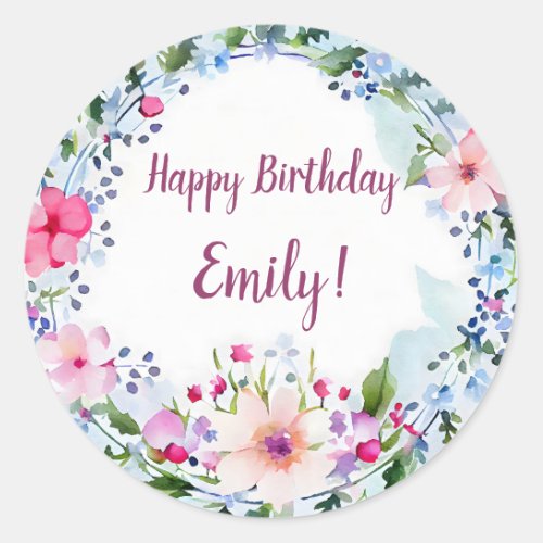 Happy Birthday Pretty PInk Purple and Blue Floral Classic Round Sticker