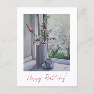 Happy birthday pretty pink spring flowers floral postcard