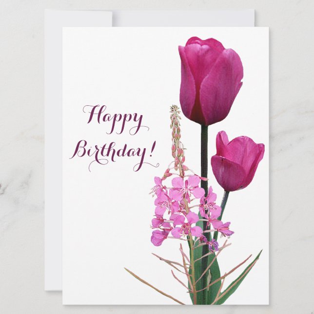 Happy birthday pretty pink tulip simple elegant holiday card (Front)