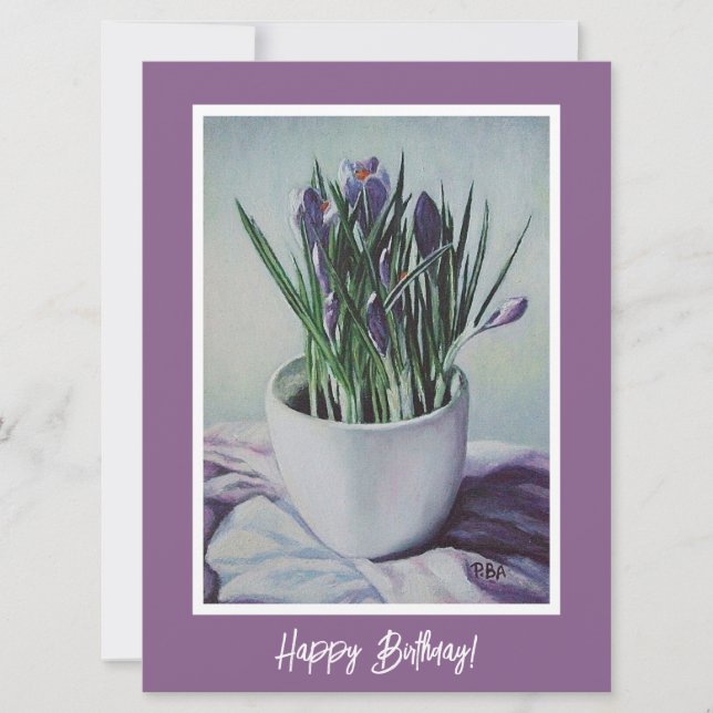 Happy Birthday pretty purple crocus floral art  Card (Front)