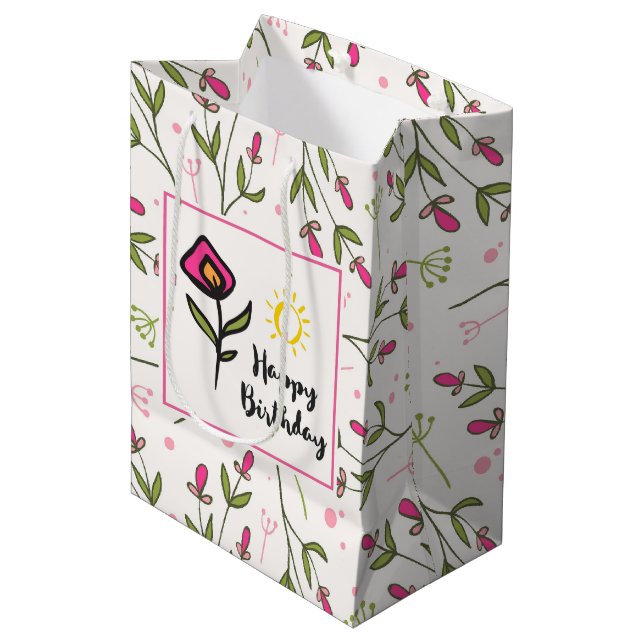 Happy Birthday - Pretty Wildlflowers and Sun Medium Gift Bag (Front Angled)