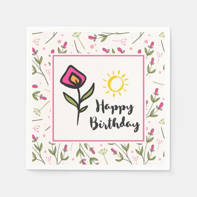Happy Birthday - Pretty Wildlflowers and Sun Paper Napkins (Front)