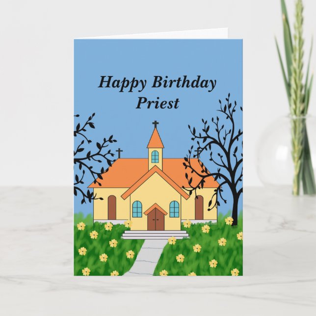 Happy Birthday Priest Card with Illustrated Church (Front)