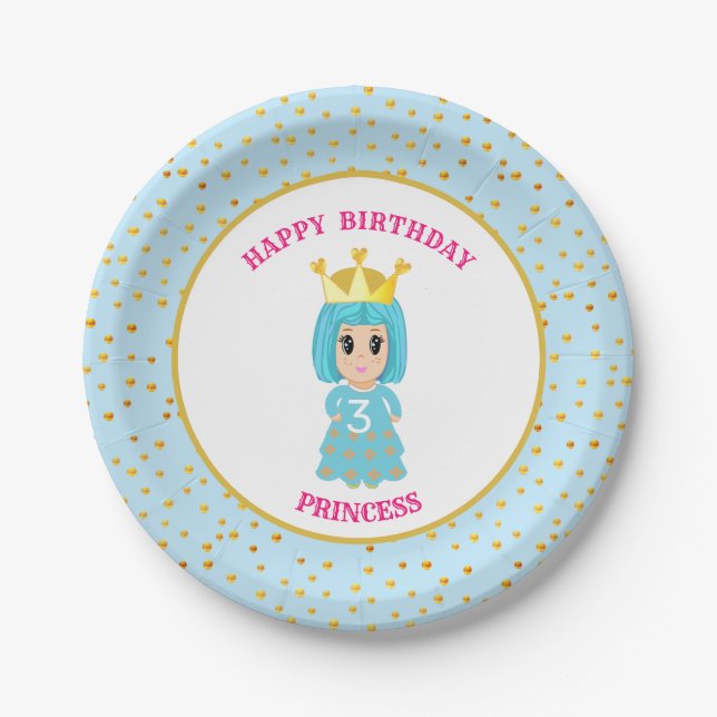 Happy Birthday Princess & Gold Confetti Paper Plates (Front)