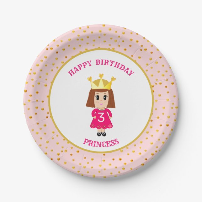 Happy Birthday Princess & Gold Confetti Paper Plates (Front)
