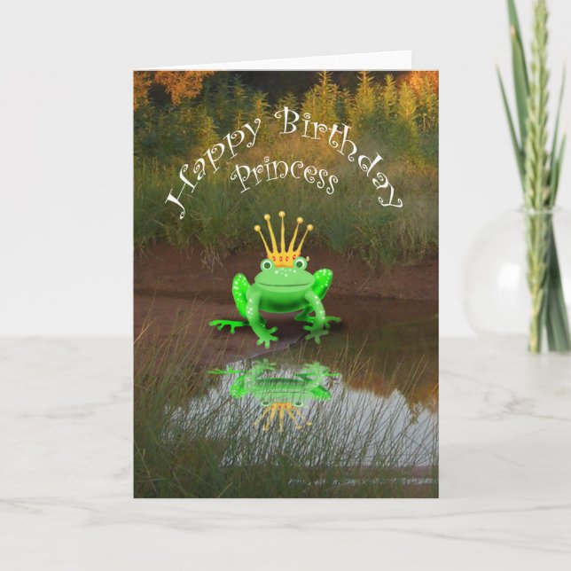 Happy Birthday Princess, green frog and crown, Card (Front)