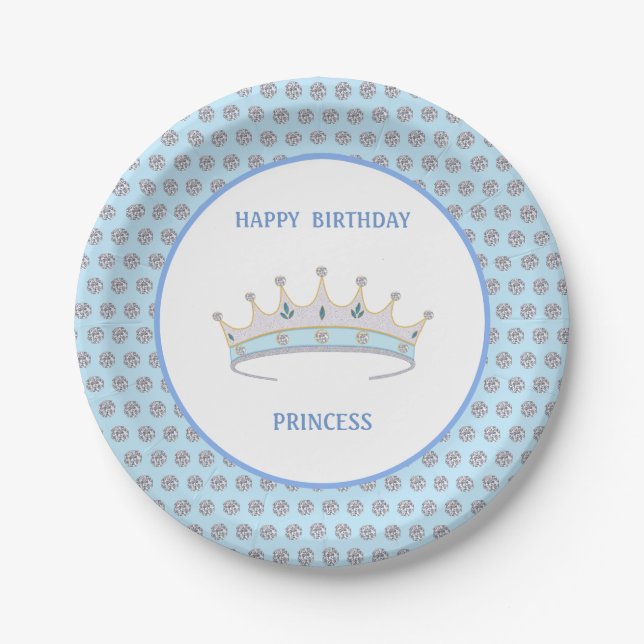 Happy Birthday Princess & Tiara & Diamond Confetti Paper Plates (Front)