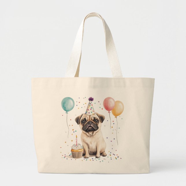 Happy Birthday Pug Dog Large Tote Bag (Front)