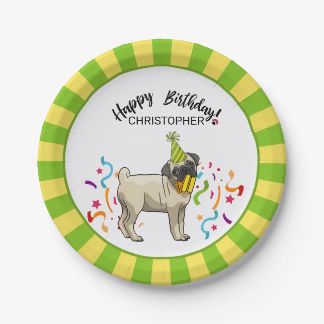 Happy Birthday Pug Dog Party Paper Plates (Front)
