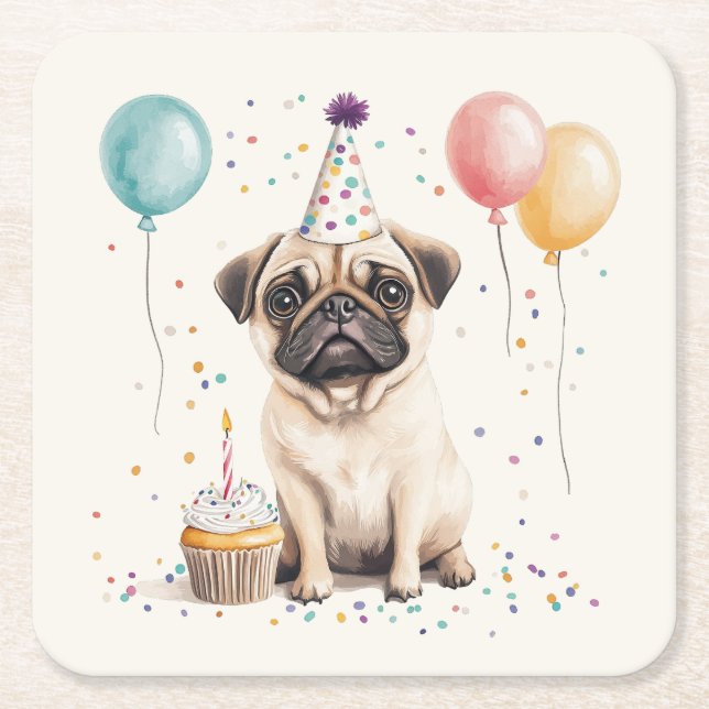 Happy Birthday Pug Dog Square Paper Coaster (Front)