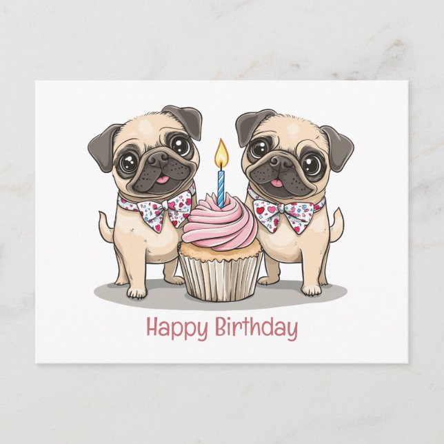 Happy Birthday Pug Dogs Cupcake Postcard (Front)