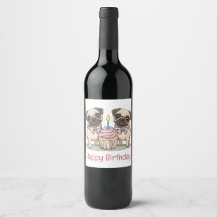 Happy Birthday Pug Dogs Cupcake Wine Label