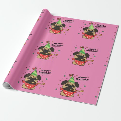 Happy Birthday Pug Girl Wrapping Paper