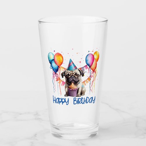 Happy Birthday Pug With Cupcake And Balloons Glass