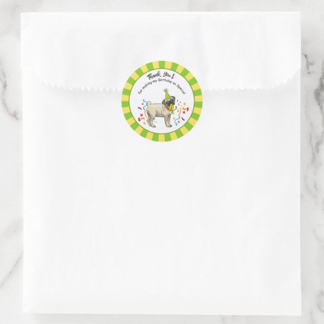 Happy Birthday Pug Yellow Green Favor Classic Round Sticker (Bag)