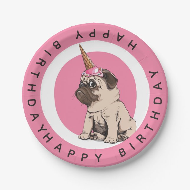 Happy Birthday | Pugicorn Paper Plates (Front)
