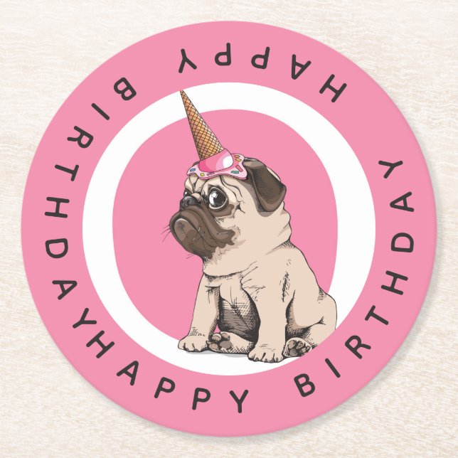 Happy Birthday | Pugicorn Round Paper Coaster (Front)