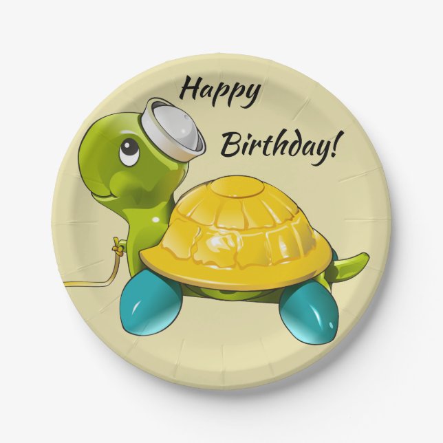 Happy Birthday Pull Toy Turtle Paper Plate (Front)