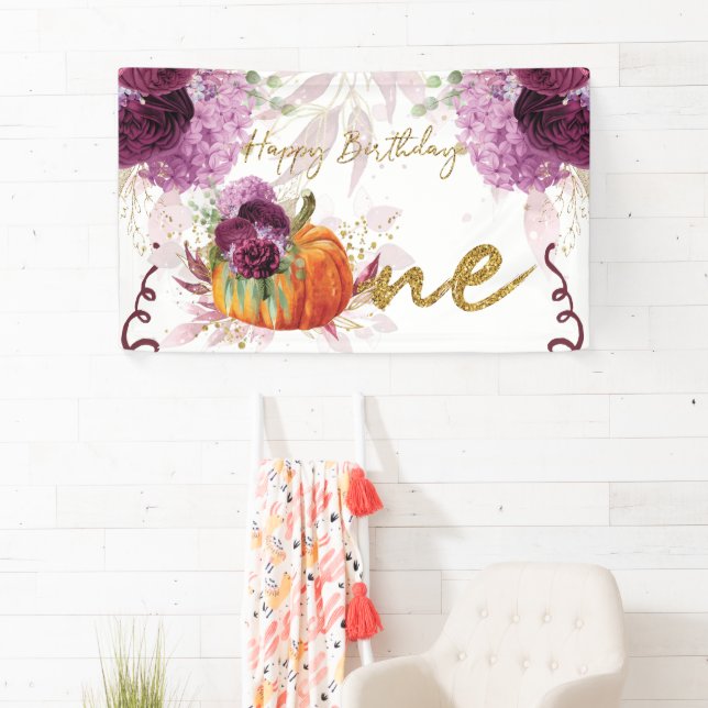 Happy Birthday Pumpkin Burgundy Flowers Banner (Insitu)