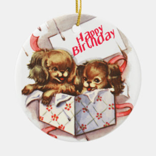 Happy Birthday Puppies Ceramic Ornament