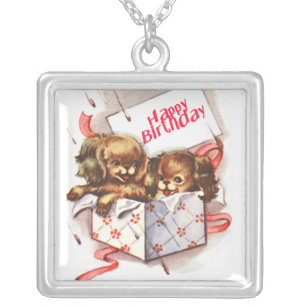 Happy Birthday puppies Silver Plated Necklace