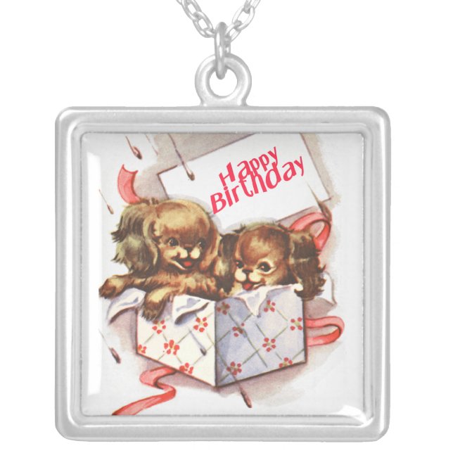 Happy Birthday puppies  Silver Plated Necklace (Front)