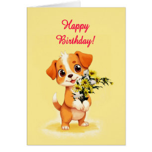 Happy Birthday Puppy and Flowers  Cards