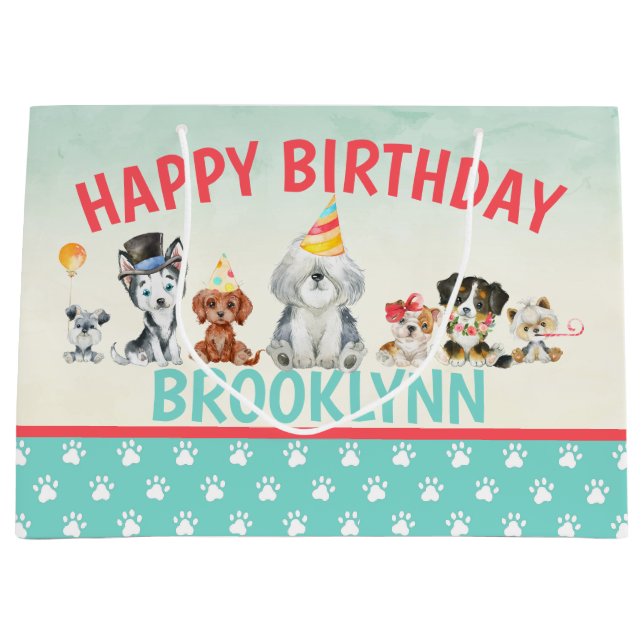 Happy Birthday Puppy Dog Large Gift Bag (Front)