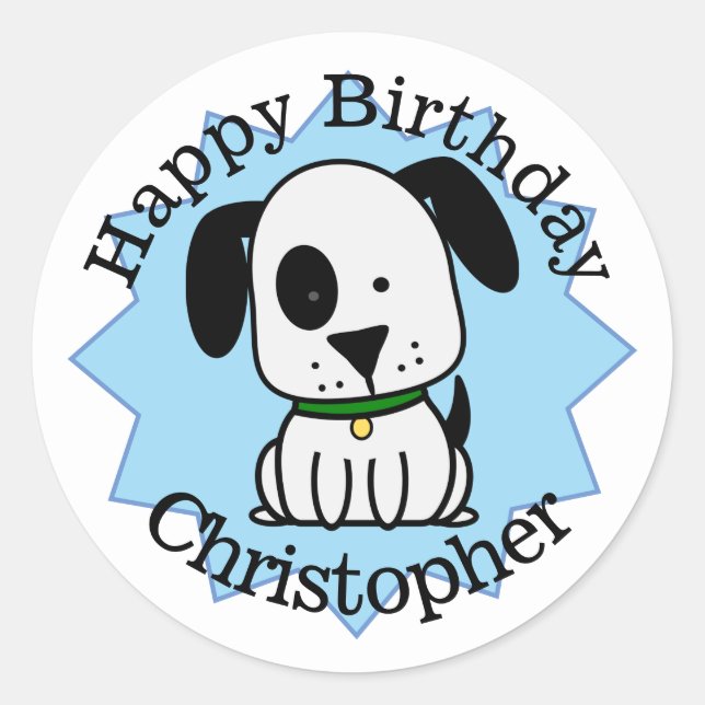 Happy Birthday Puppy Dog Personalized Classic Round Sticker (Front)