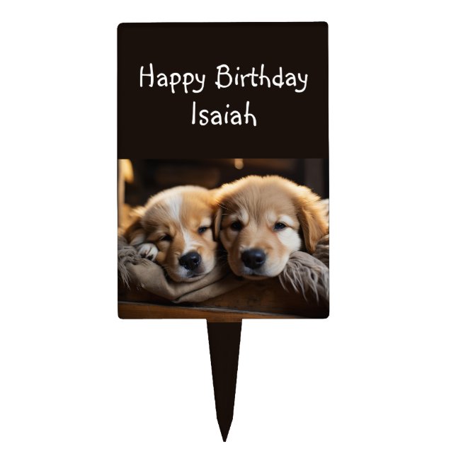 Happy Birthday Puppy Dog Pet Animal Custom Name Cake Topper (Front)