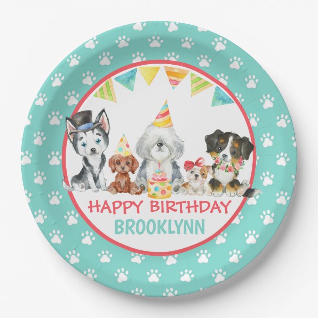 Happy Birthday Puppy Party Paper Plates (Front)