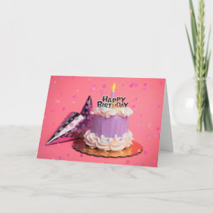 Happy Birthday Purple and Pink Cake With Candle Holiday Card