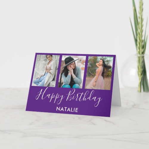 Happy Birthday Purple and White 3 Photo Collage Card
