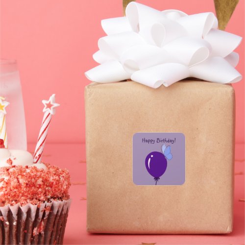 Happy Birthday Purple Balloon  Blue Butterfly Square Sticker