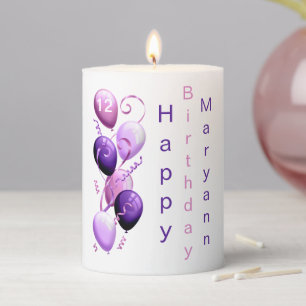 Happy Birthday Purple Balloons Personalized Pillar Candle